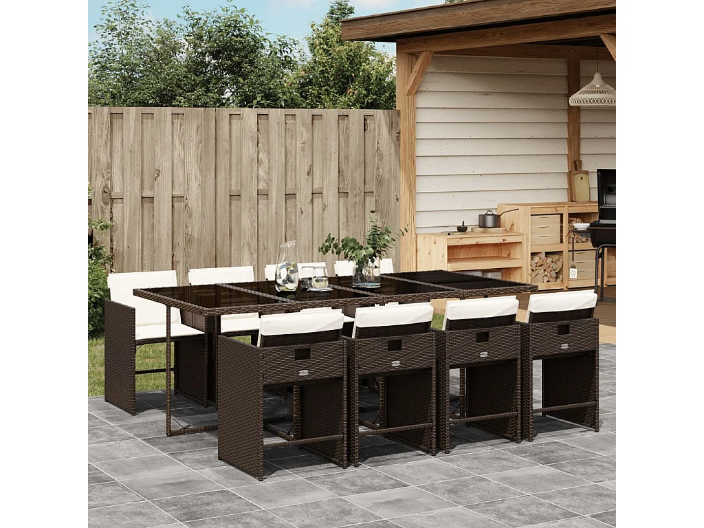 Ensemble à manger de jardin et coussins 9 pcs marron poly rotin