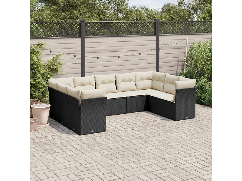 Set Divani da Giardino 9 pz con Cuscini Nero in Polyrattan