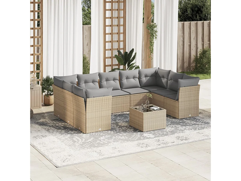 Set Divano da Giardino 10 pz con Cuscini Beige in Polyrattan