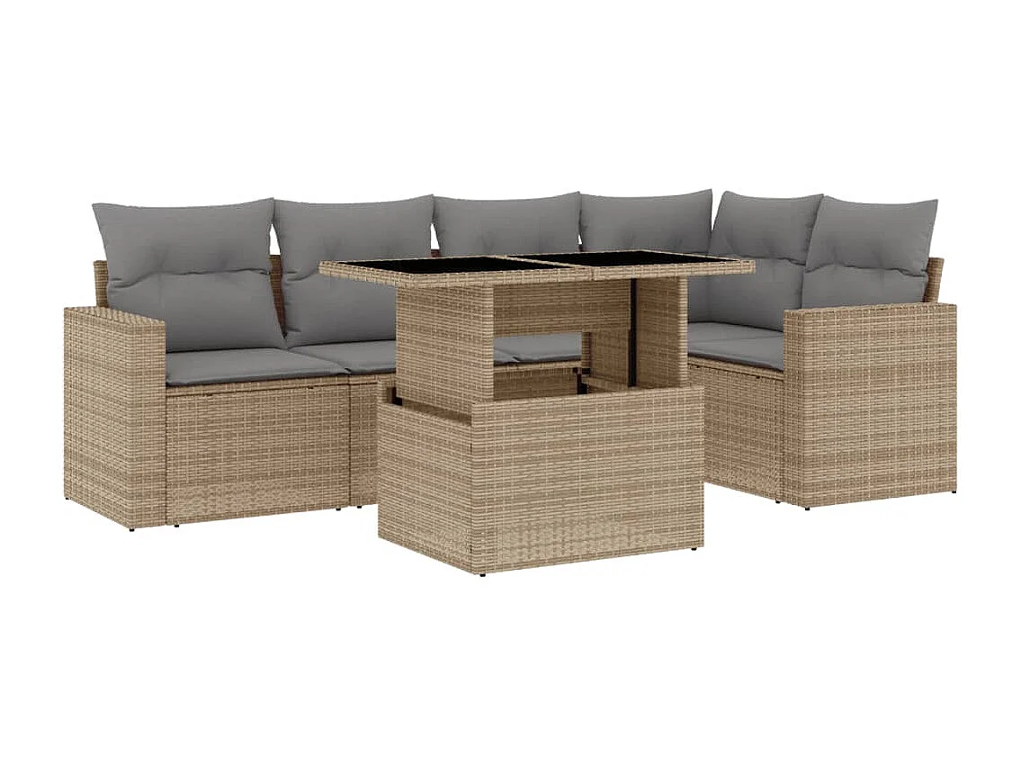 6 pcs conjunto de sofás p/ jardim com almofadões vime PE bege