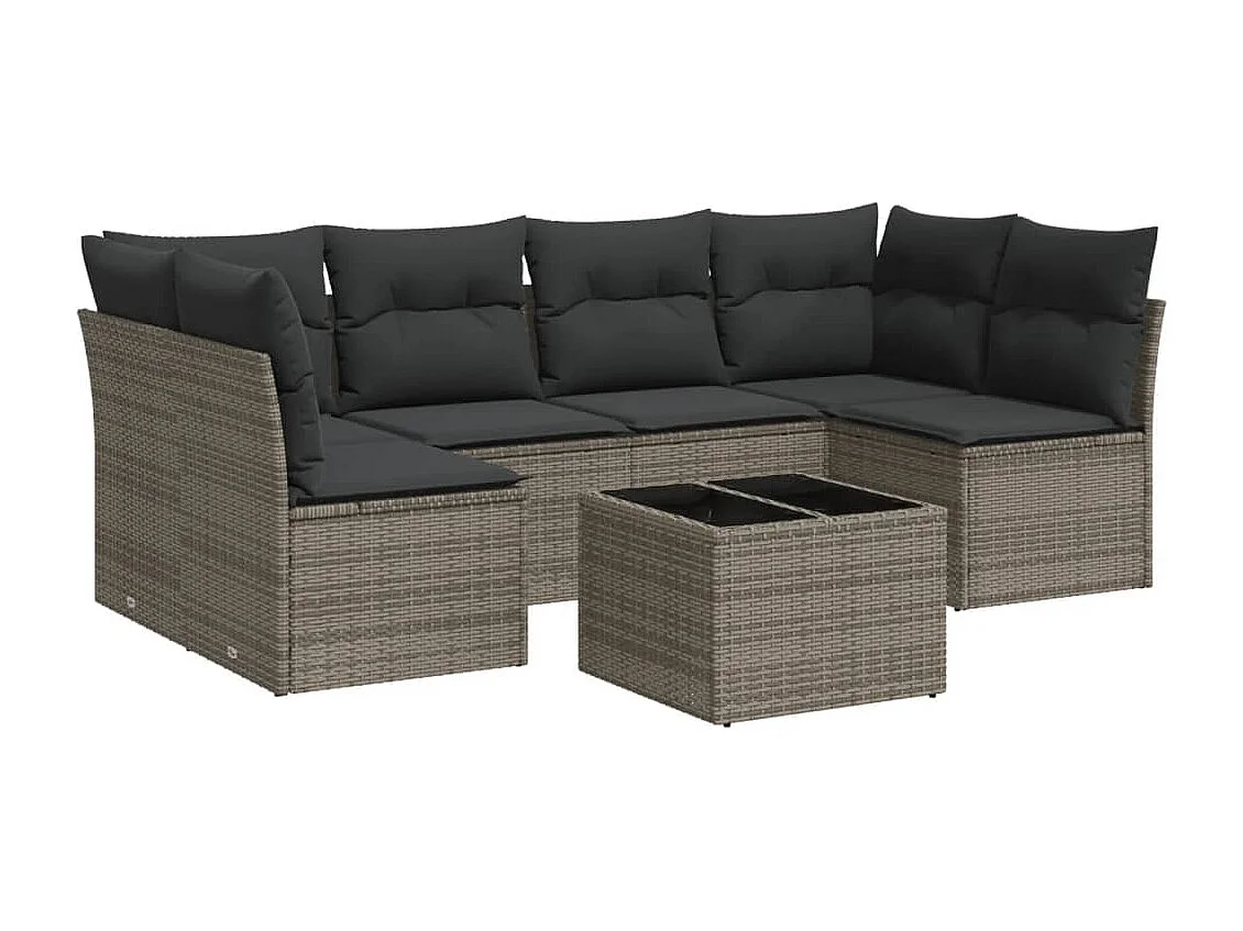Salon de jardin avec coussins 7 pcs gris résine tressée