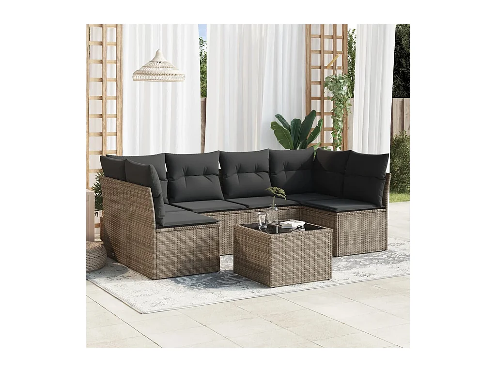 Salon de jardin avec coussins 7 pcs gris résine tressée