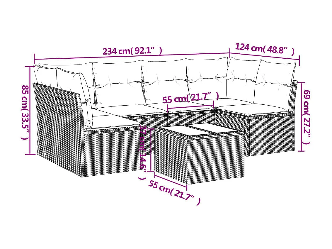 7-delige Loungeset met kussens poly rattan grijs