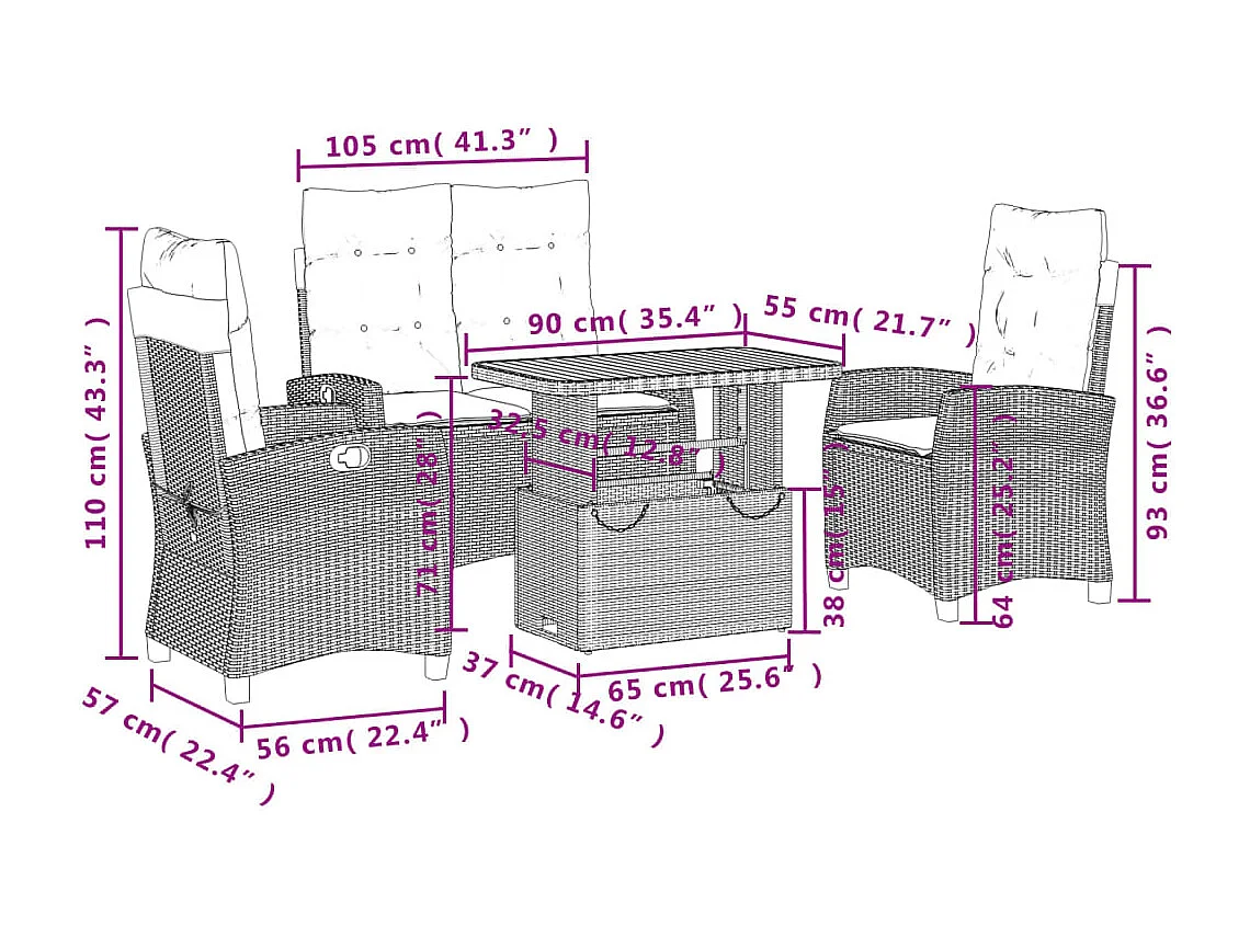 Juego de comedor de jardín 4 piezas con cojines ratán PE gris