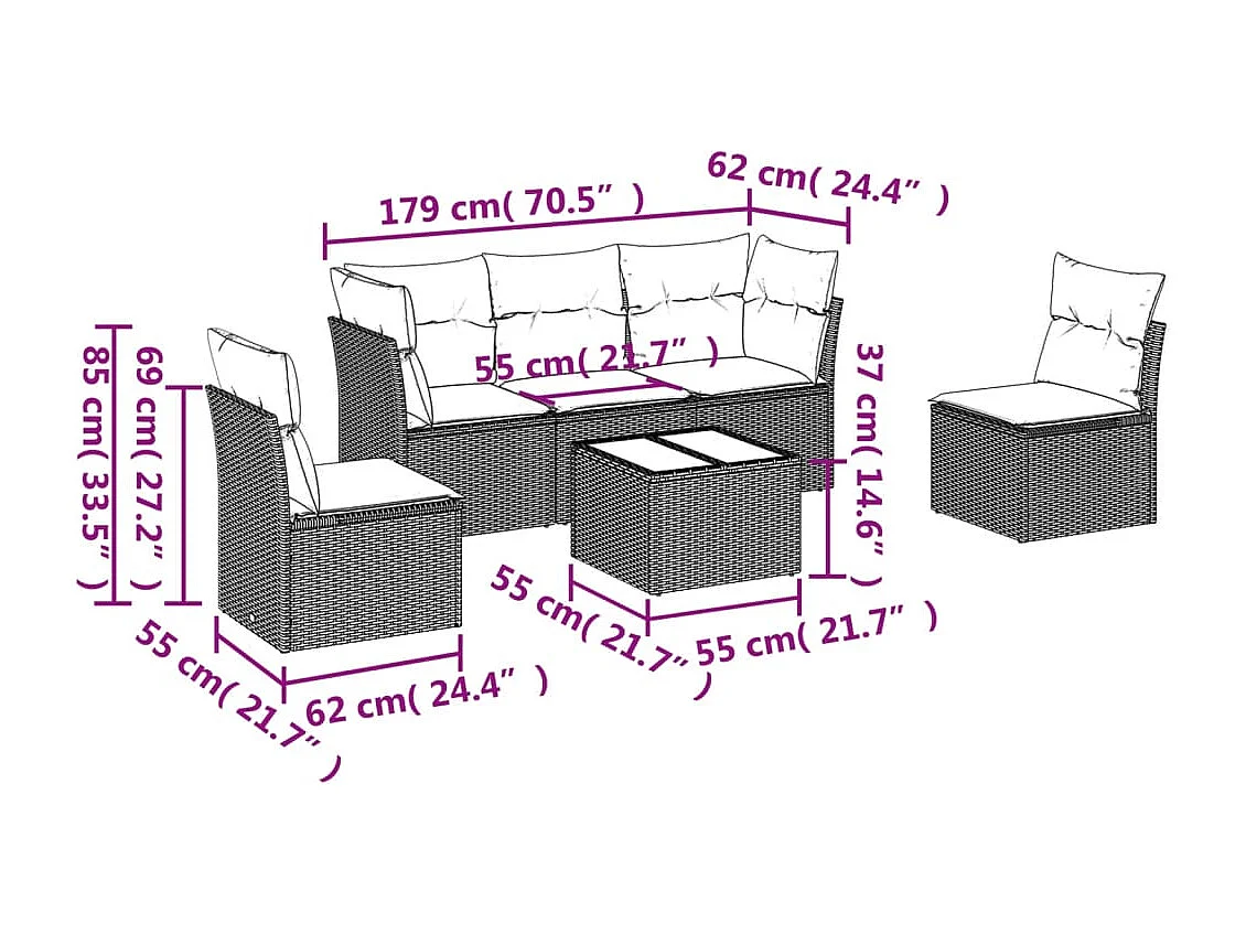 6-delige Loungeset met kussens poly rattan lichtgrijs
