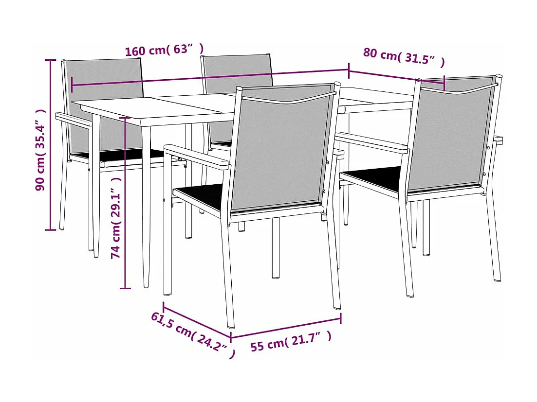 Juego de comedor para jardín 5 piezas acero y textilene negro