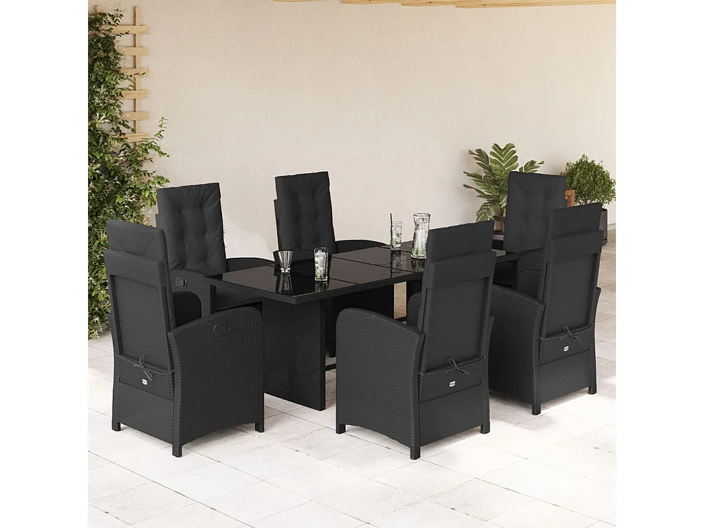 Ensemble à manger de jardin coussins 7pcs Noir Résine tressée
