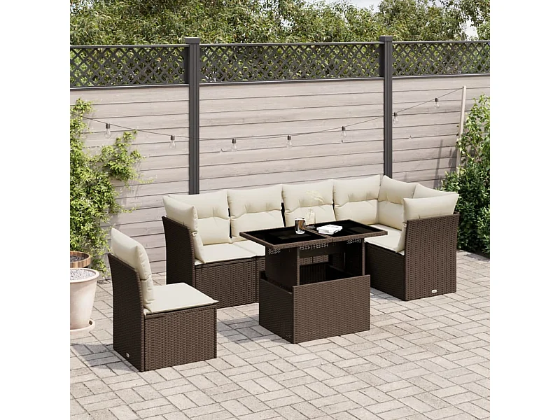 Salon de jardin avec coussins 7 pcs marron résine tressée