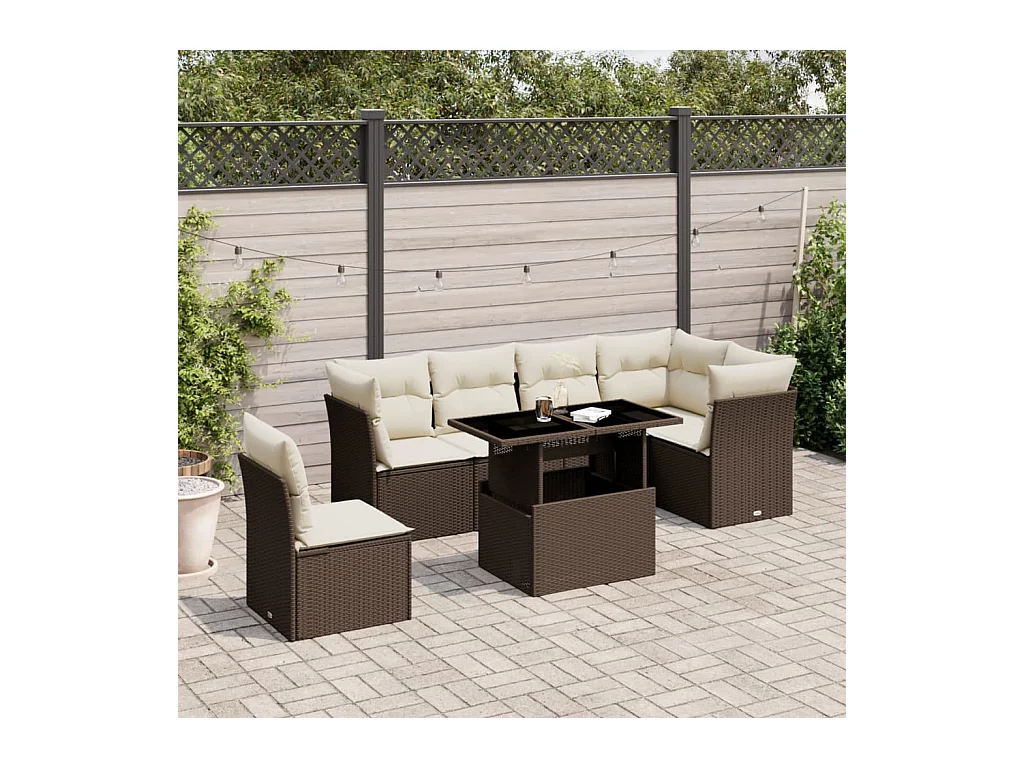Set Divani da Giardino 7 pz con Cuscini Marrone in Polyrattan