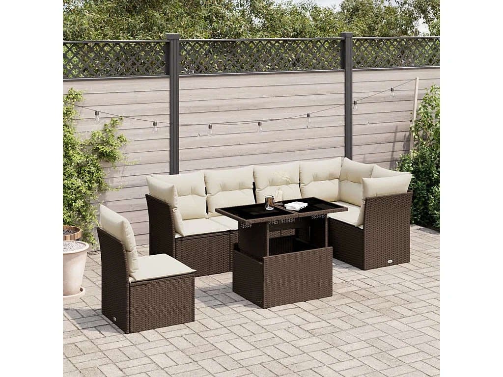 Salon de jardin avec coussins 7 pcs marron résine tressée