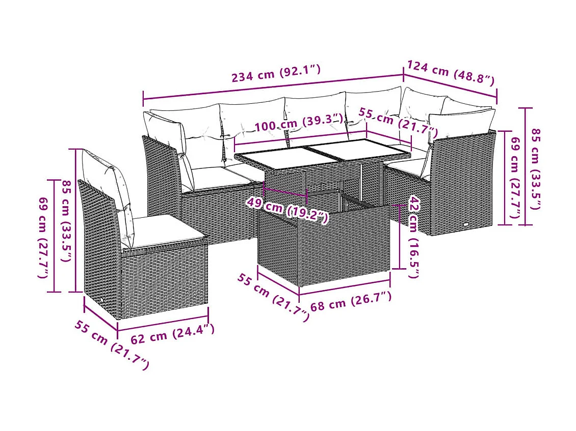 Salon de jardin avec coussins 7 pcs marron résine tressée