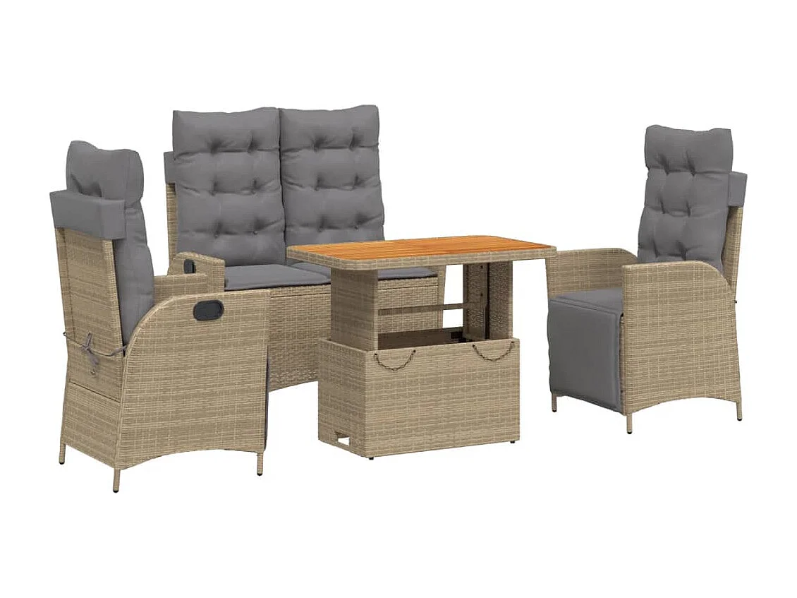 4 pcs conjunto de jantar p/ jardim c/ almofadões vime PE bege