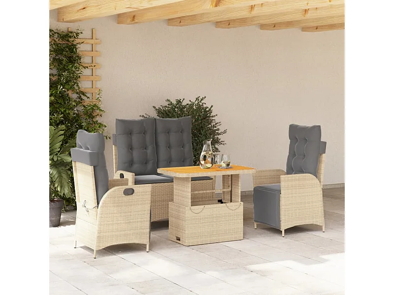 4 pcs conjunto de jantar p/ jardim c/ almofadões vime PE bege