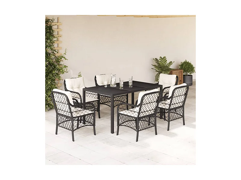 7 pcs conjunto de jantar p/ jardim c/ almofadões vime PE preto