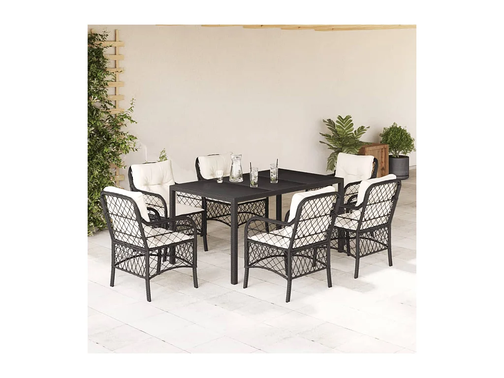 Ensemble à manger de jardin coussins 7pcs Noir Résine tressée