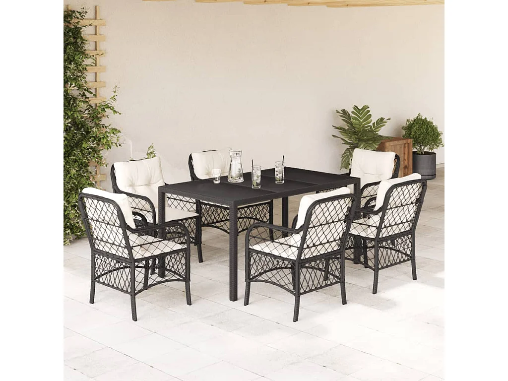 Ensemble à manger de jardin coussins 7pcs Noir Résine tressée