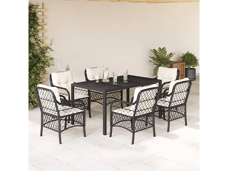 7 pcs conjunto de jantar p/ jardim c/ almofadões vime PE preto