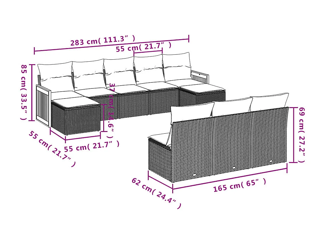 Set Divani da Giardino 10pz con Cuscini in Polyrattan Nero