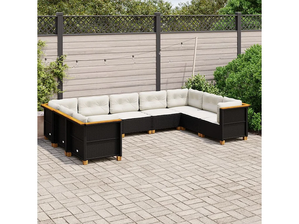 Salon de jardin 9 pcs avec coussins noir résine tressée