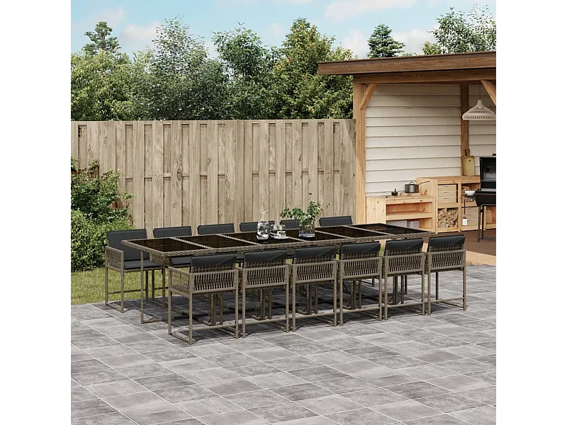 Ensemble à manger de jardin coussins 13 pcs gris résine tressée