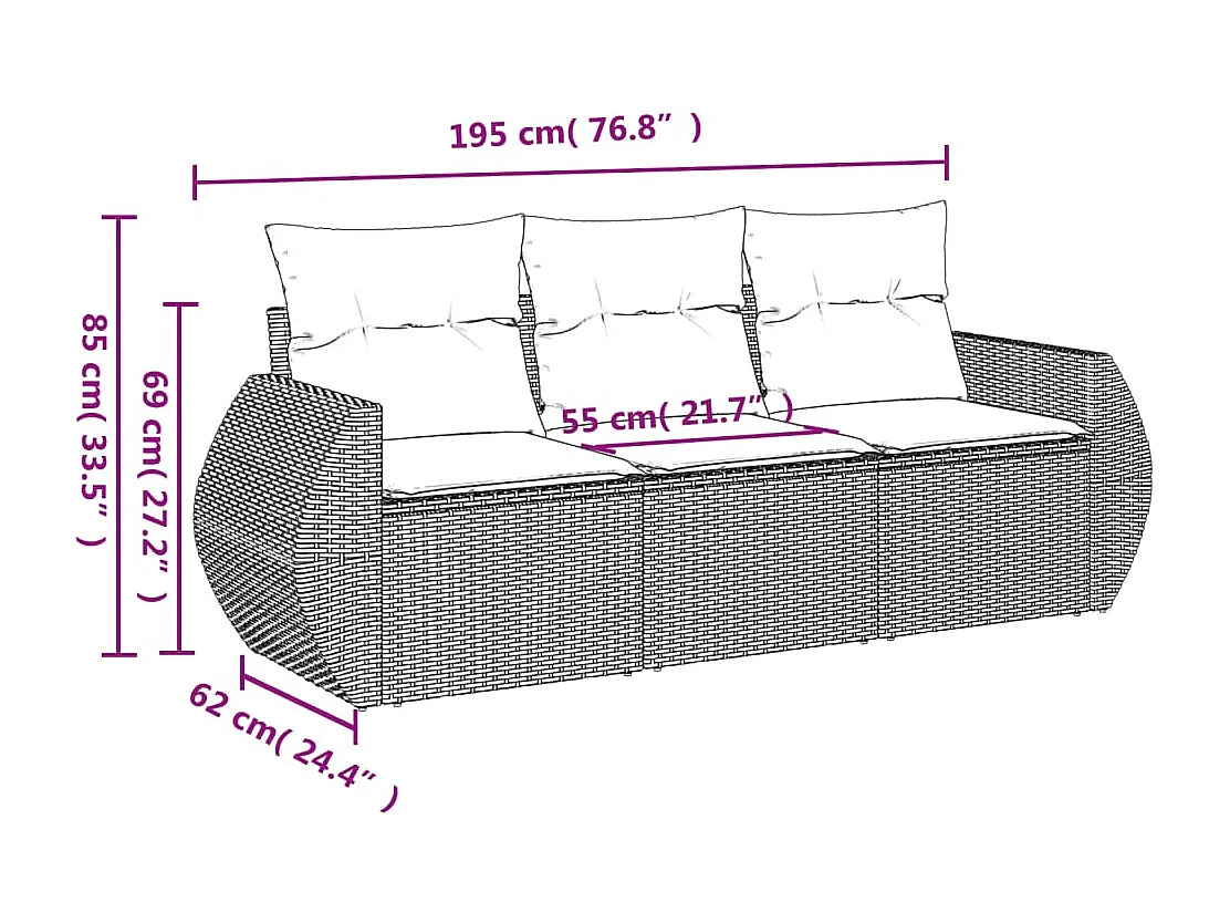 Set Divani da Giardino 3 pz con Cuscini in Polyrattan Nero