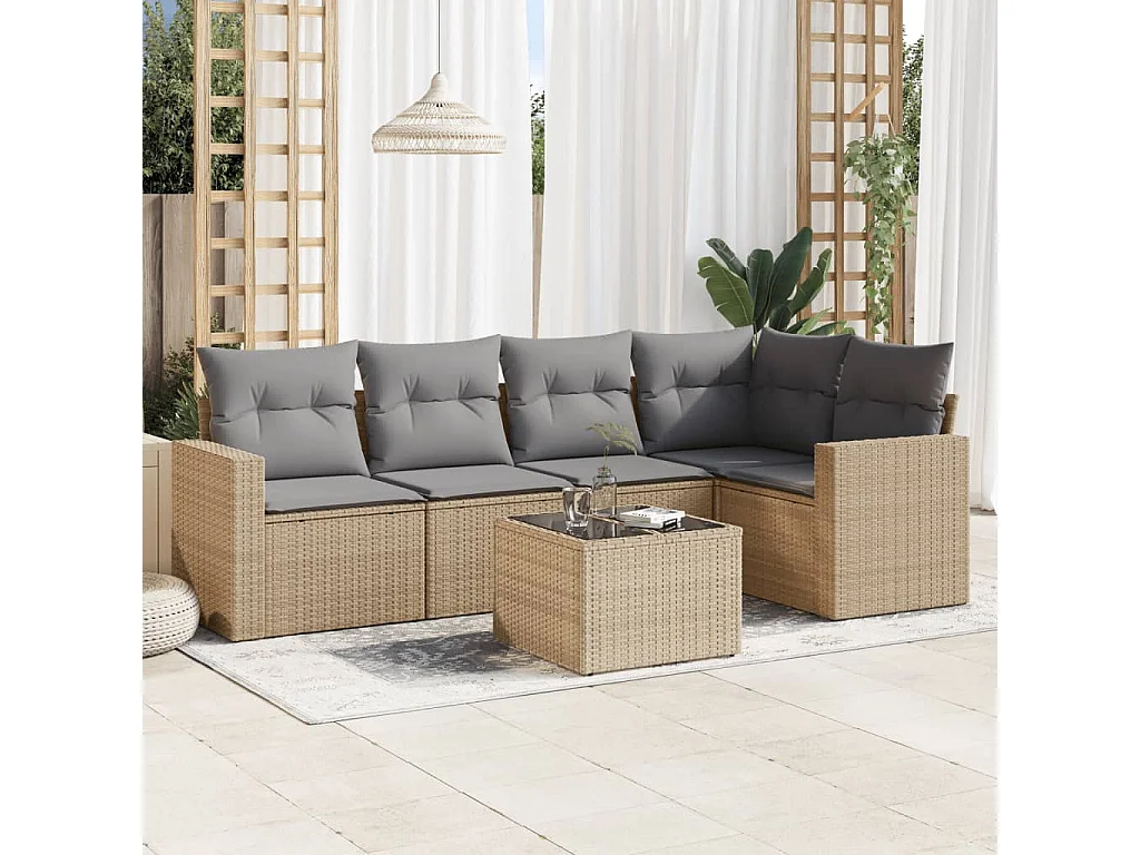 6-tlg. Garten-Sofagarnitur mit Kissen Beige Poly Rattan