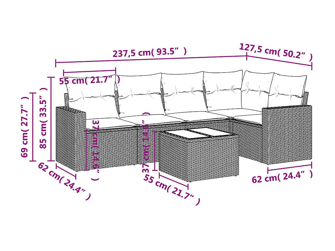 6-tlg. Garten-Sofagarnitur mit Kissen Beige Poly Rattan