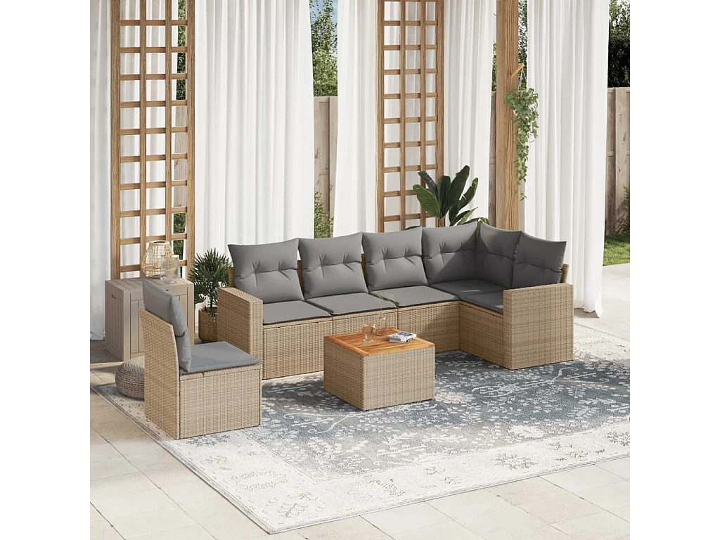 Salon de jardin avec coussins 7 pcs beige résine tressée