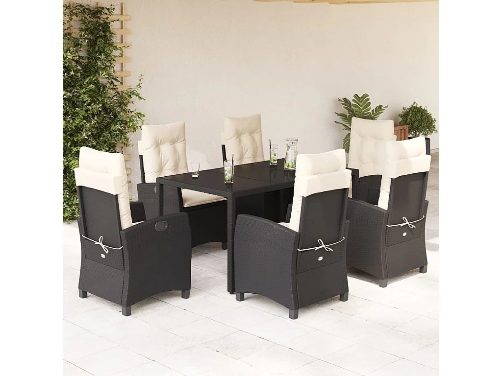 7 pcs conjunto de jantar p/ jardim c/ almofadões vime PE preto