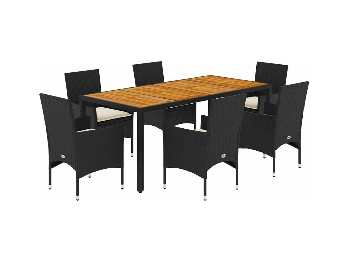Ensemble à manger de jardin et coussins 7pcs noir rotin acacia