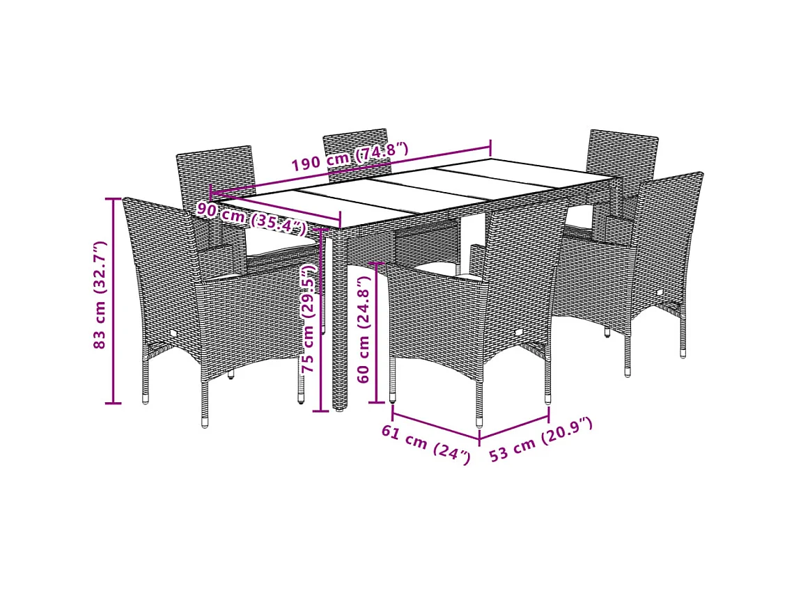 Ensemble à manger de jardin et coussins 7pcs noir rotin acacia