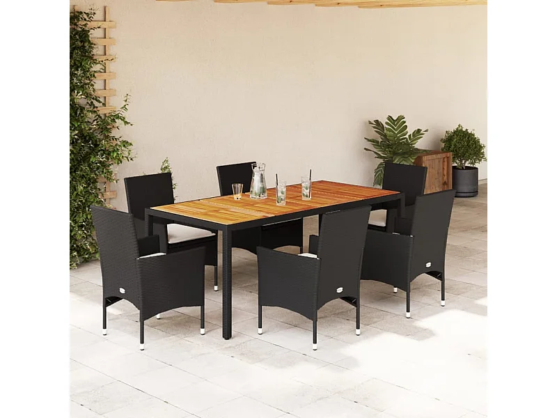 Set Pranzo da Giardino 7 pz Nero con Cuscini Polyrattan Acacia