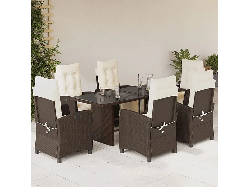 Set da Pranzo da Giardino 7pz con Cuscini in Polyrattan Marrone