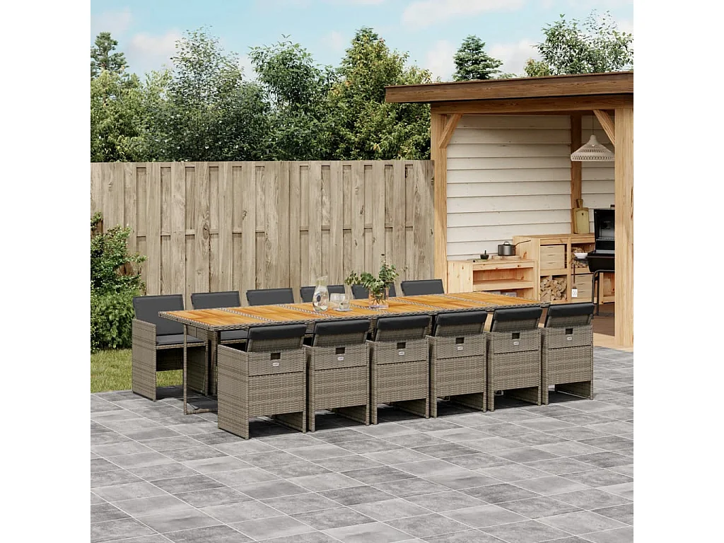 Set comedor de jardín con cojines 13 pzas ratán sintético gris