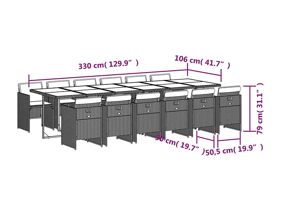 Set comedor de jardín con cojines 13 pzas ratán sintético gris