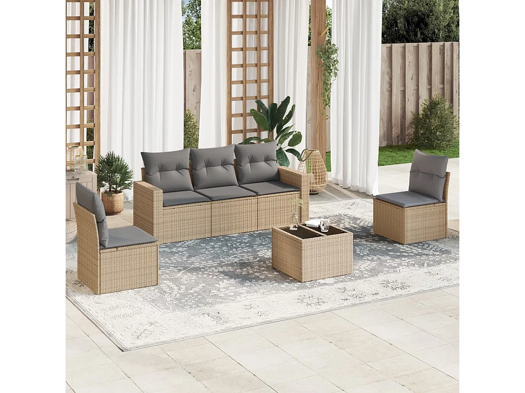 6-tlg. Garten-Sofagarnitur mit Kissen Beige Poly Rattan