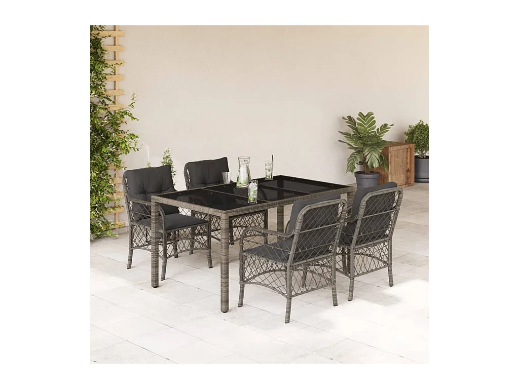 Set da Pranzo da Giardino 5 pz con Cuscini in Polyrattan Grigio