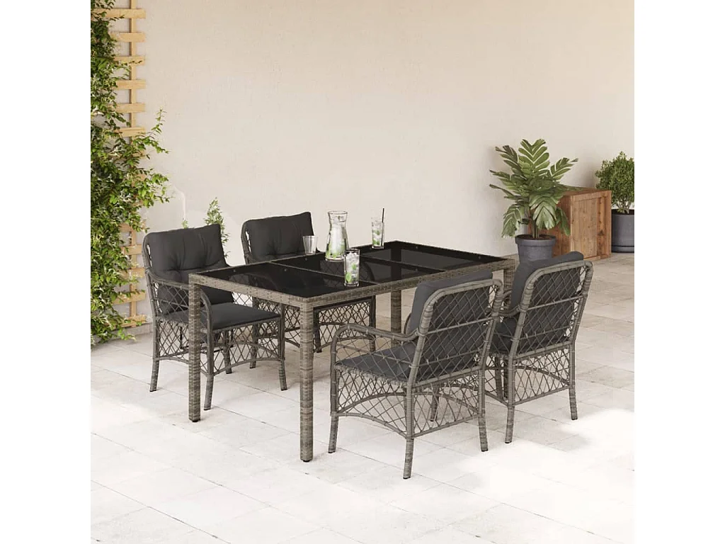 5 pcs conjunto de jantar p/ jardim c/ almofadões vime PE cinza