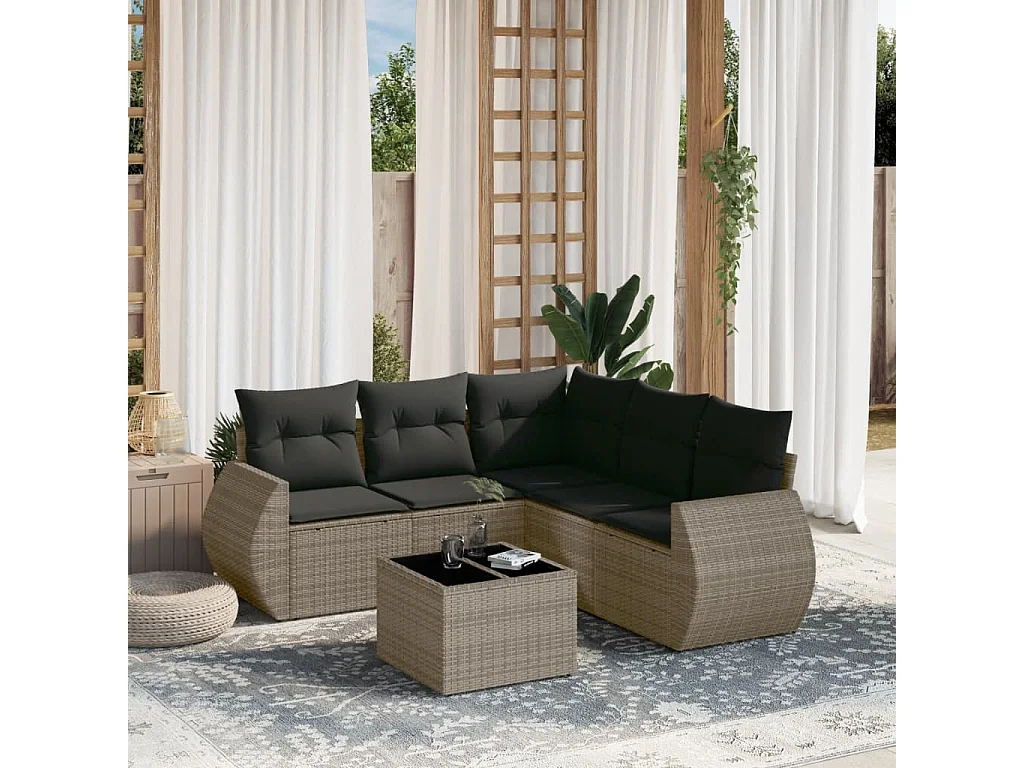 Salon de jardin 6 pcs avec coussins gris résine tressée