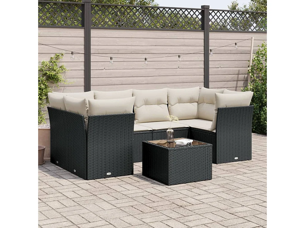 Salon de jardin 7 pcs avec coussins noir résine tressée