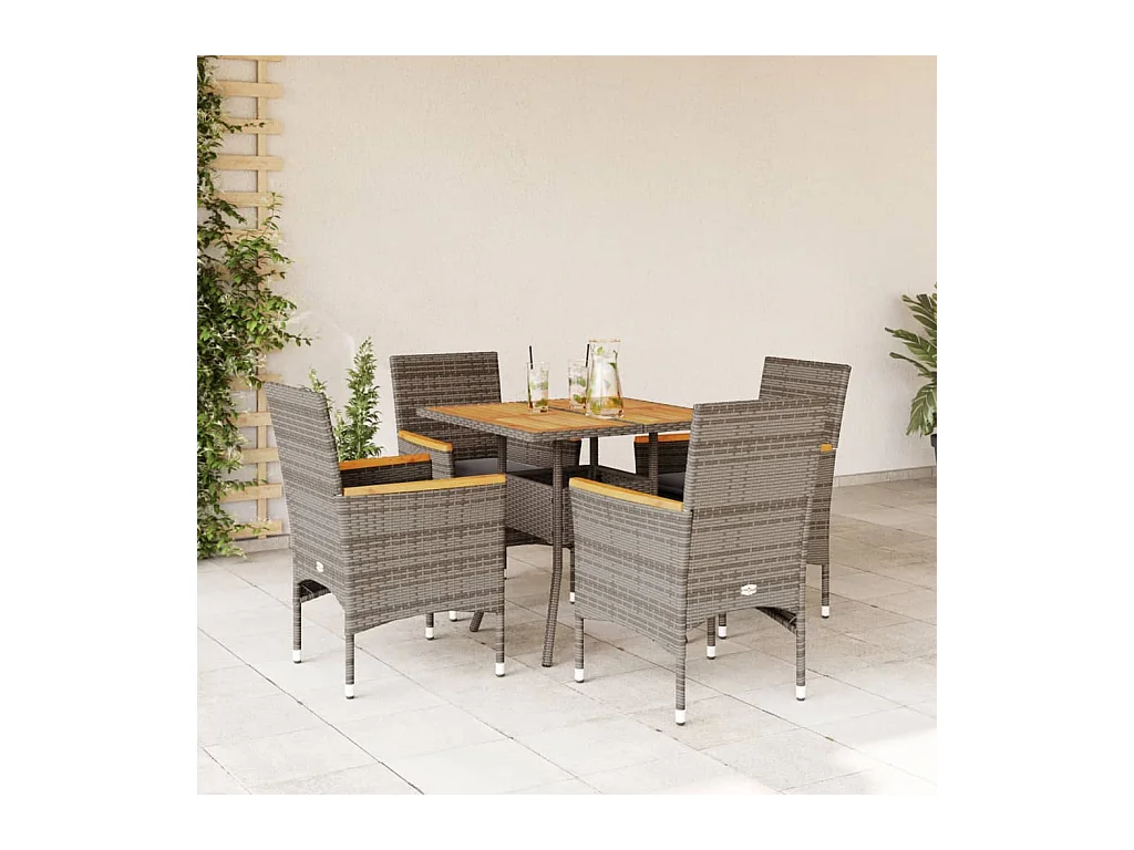 Set de comedor jardín 5 pzas con cojines ratán PE acacia gris