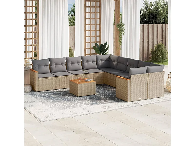 Set Divani da Giardino 11 pz con Cuscini Beige in Polyrattan