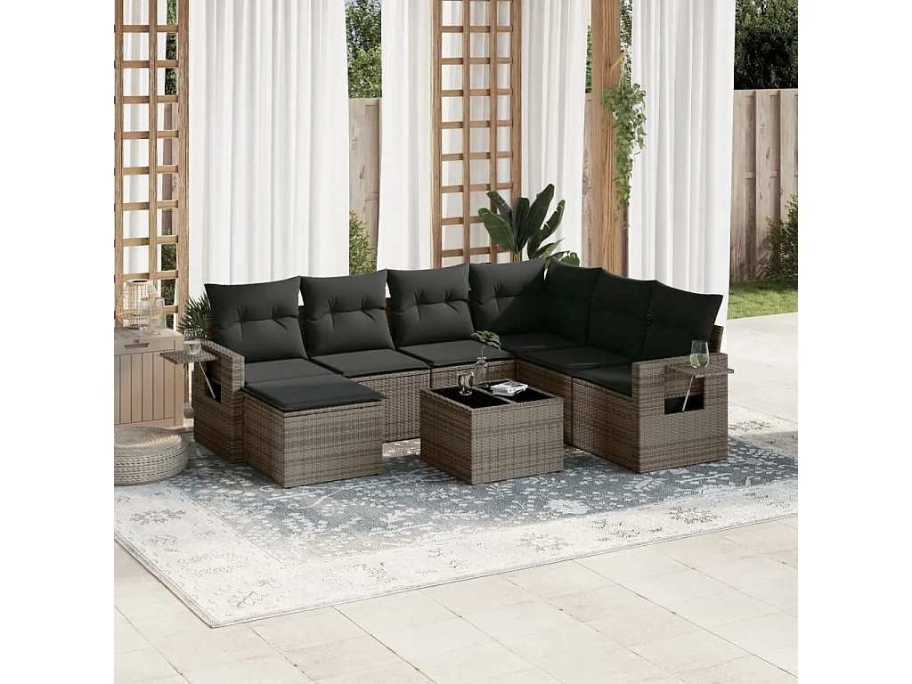 Salon de jardin 8 pcs avec coussins gris résine tressée