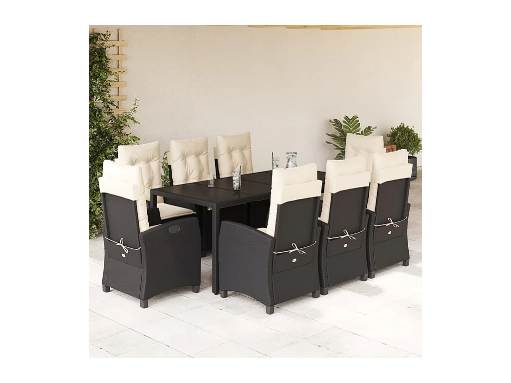 Ensemble à manger de jardin 9pcs coussins noir résine tressée