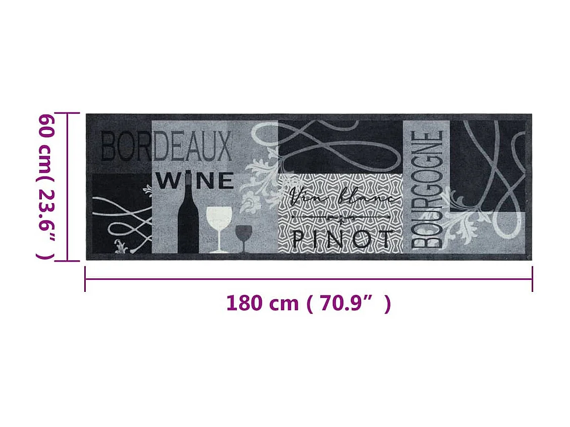 Tapis de cuisine lavable imprimé Wine gris 60x180 cm velours