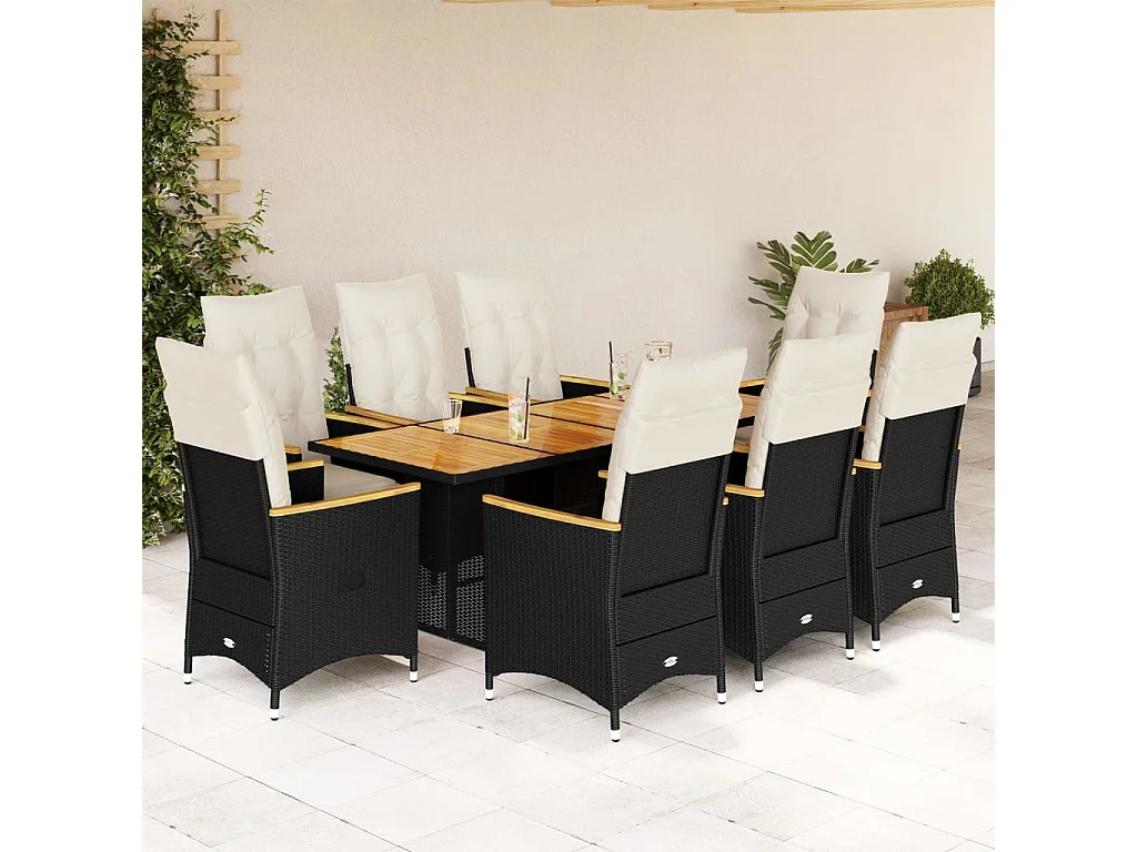 Ensemble de bistro de jardin 9 pcs coussins noir poly rotin