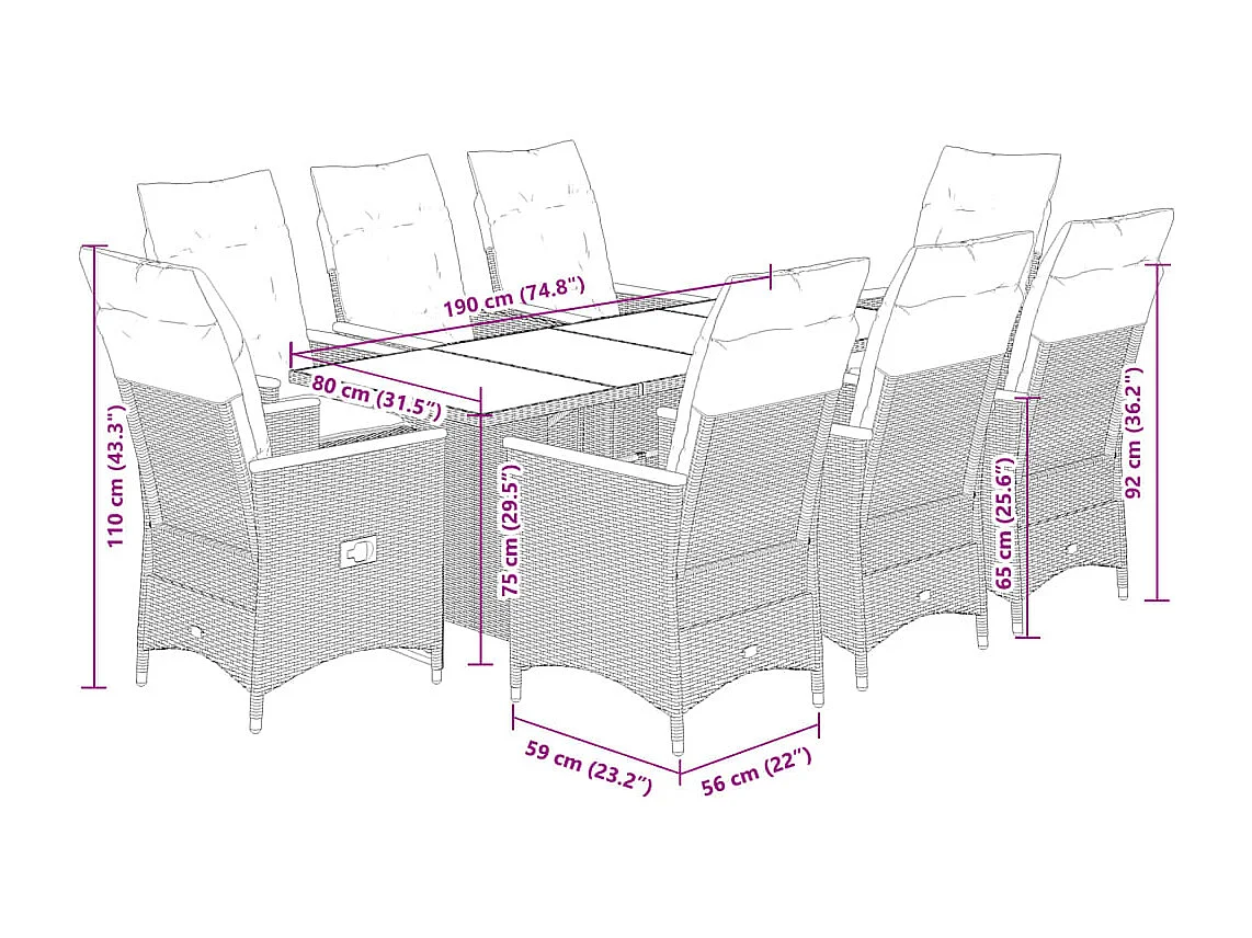 Ensemble de bistro de jardin 9 pcs coussins noir poly rotin