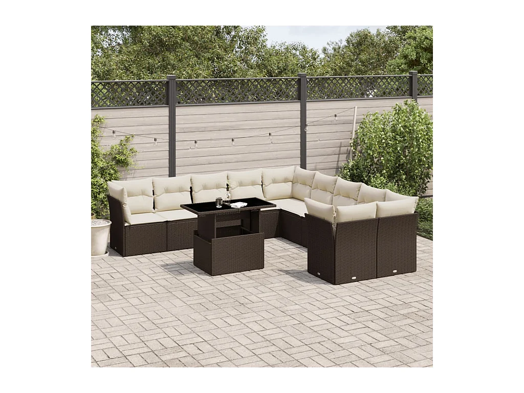 Salon de jardin et coussins 11 pcs marron résine tressée