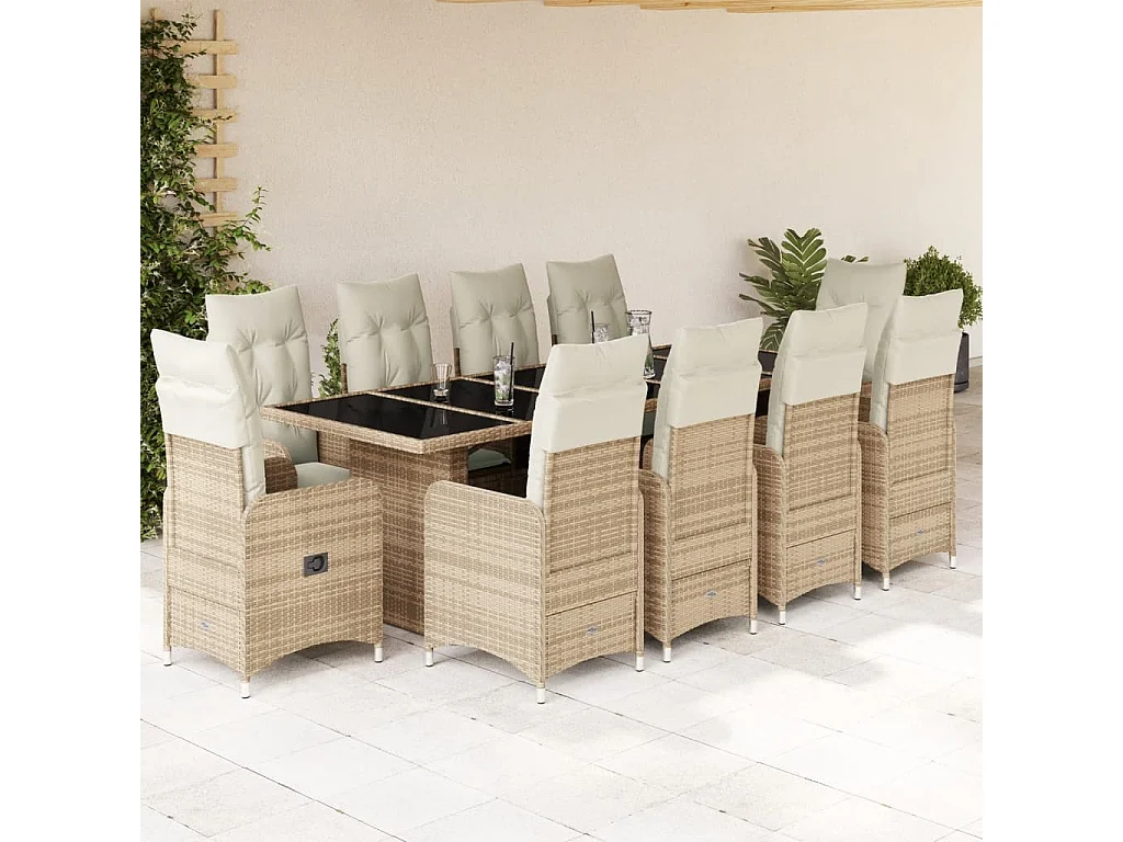 11-delige Bistroset met kussens poly rattan beige