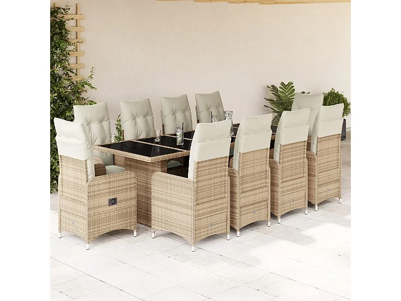 11-delige Bistroset met kussens poly rattan beige